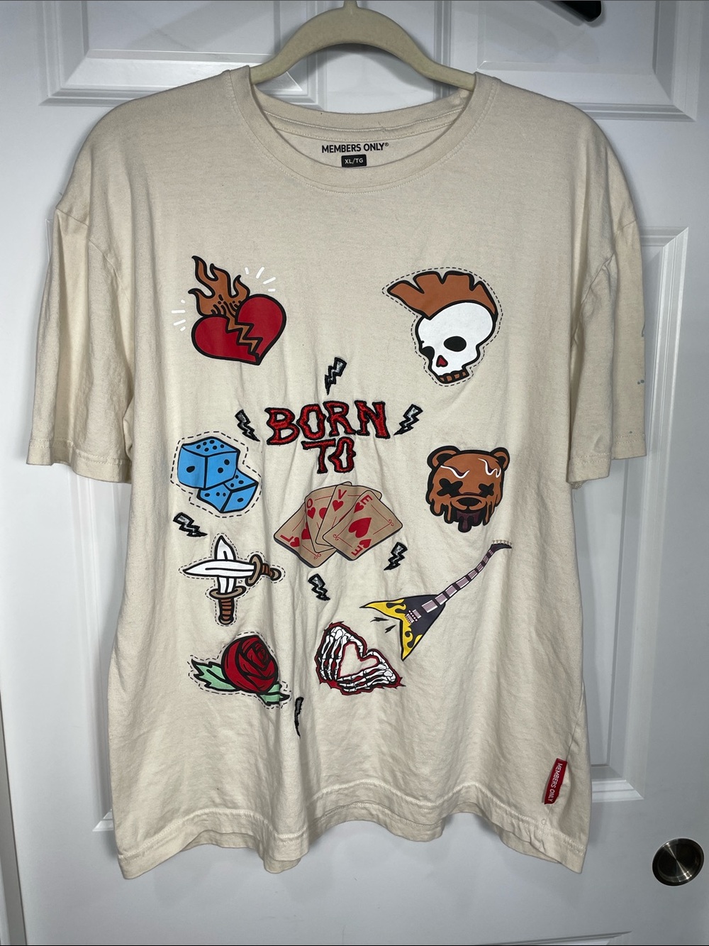 Members Only Tattoo Design Graphic T-shirt Size XL Short Sleeve Beige Crewneck